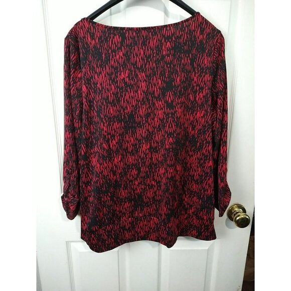 $ AB Studio Red Black Round Neck 3/4 Tab Sleeves Blouse Size XL - Picture 10 of 10